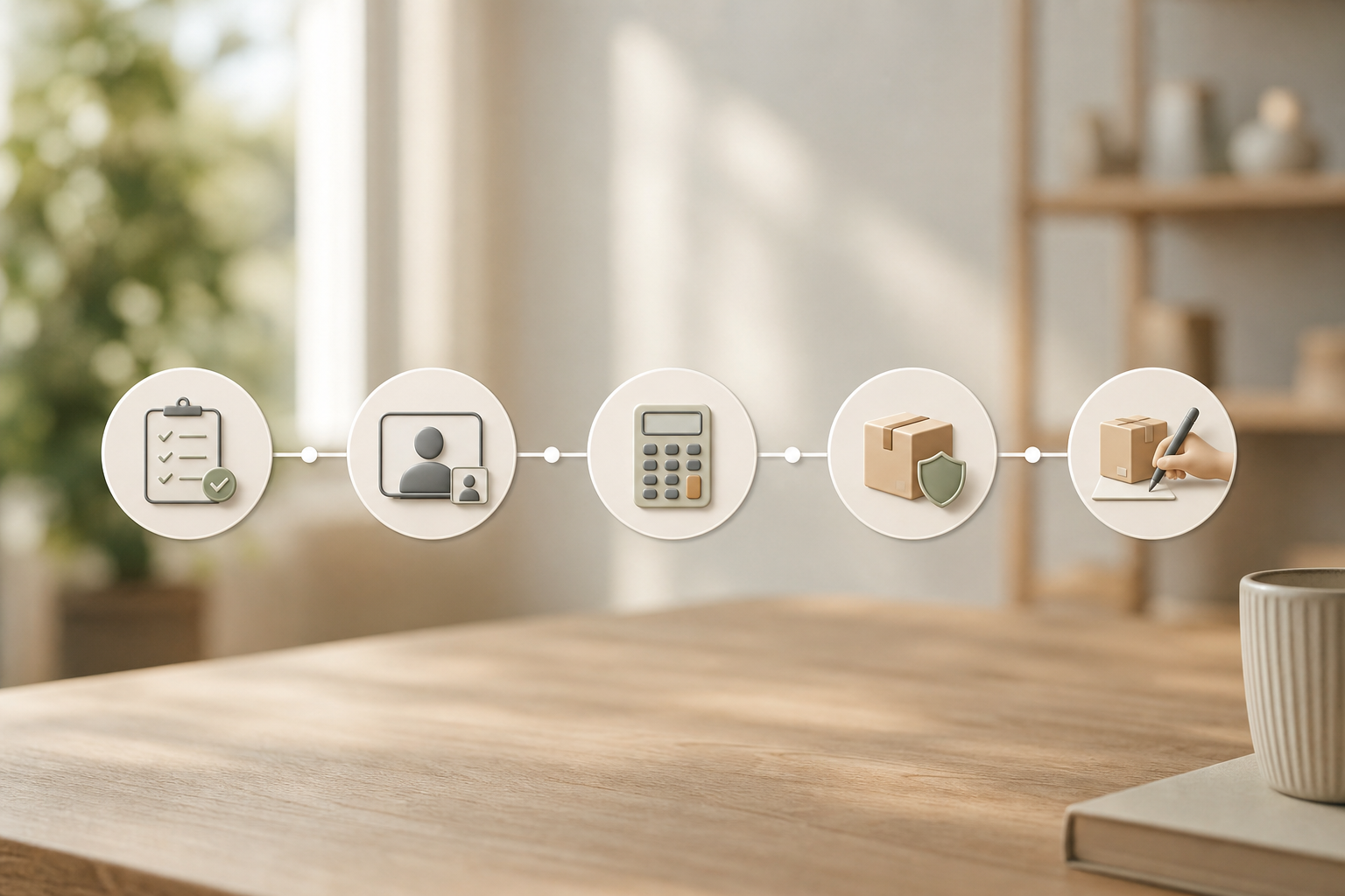 Clean “from browse to buy” timeline with icons for shortlist, video call, quote math, insured shipping, and delivery