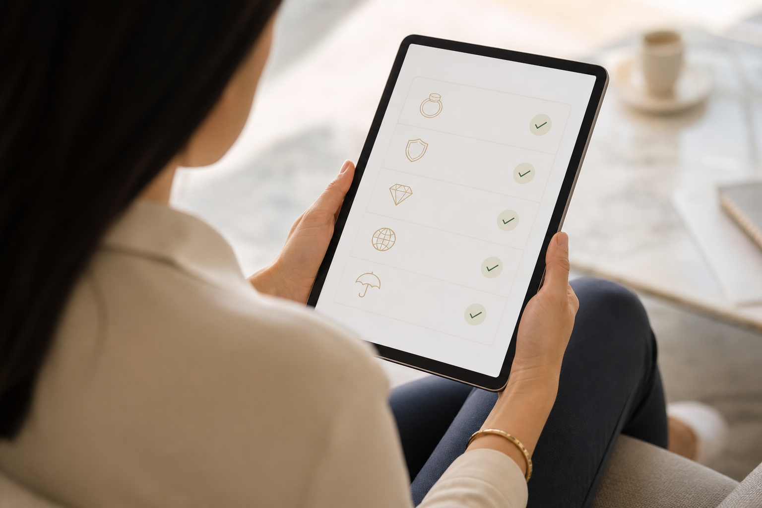 Buyer reviewing a pre-dispatch shipment dossier on a tablet with checkmarks for HUID, IGI/GIA, HS code, and insured value