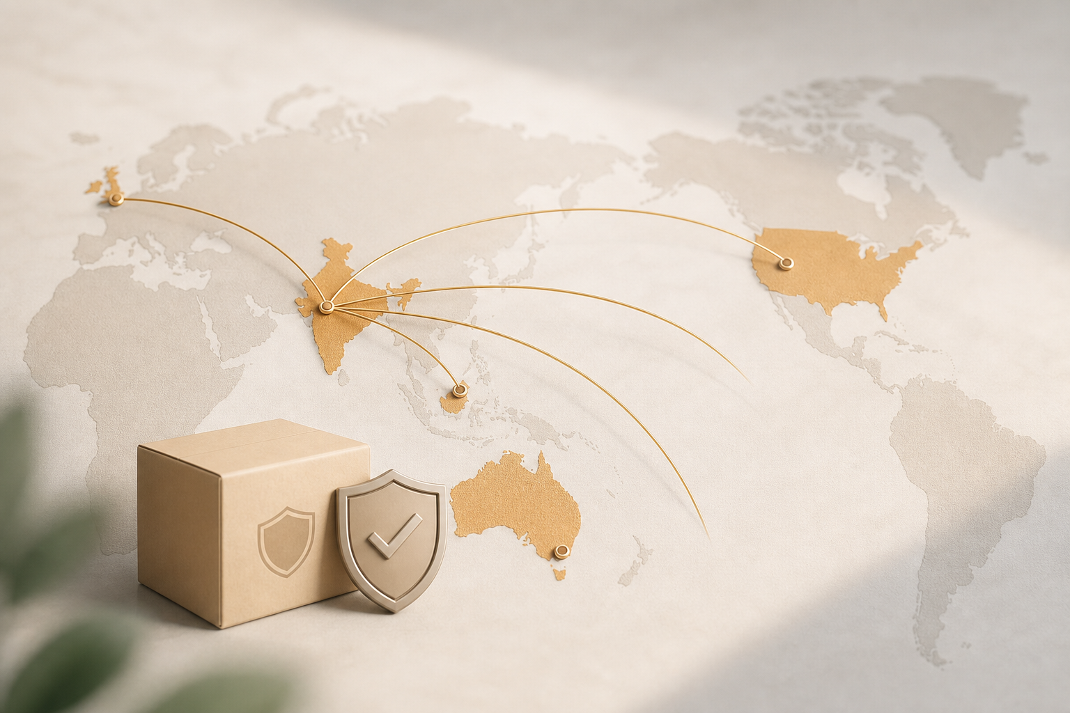 Insured shipping coverage map with door-to-door arrows and a Brinks-style icon