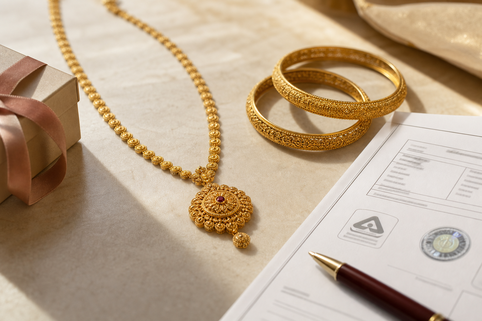gift buyer guide gold hero, gold necklace, bangles, and receipt with hallmark and HUID