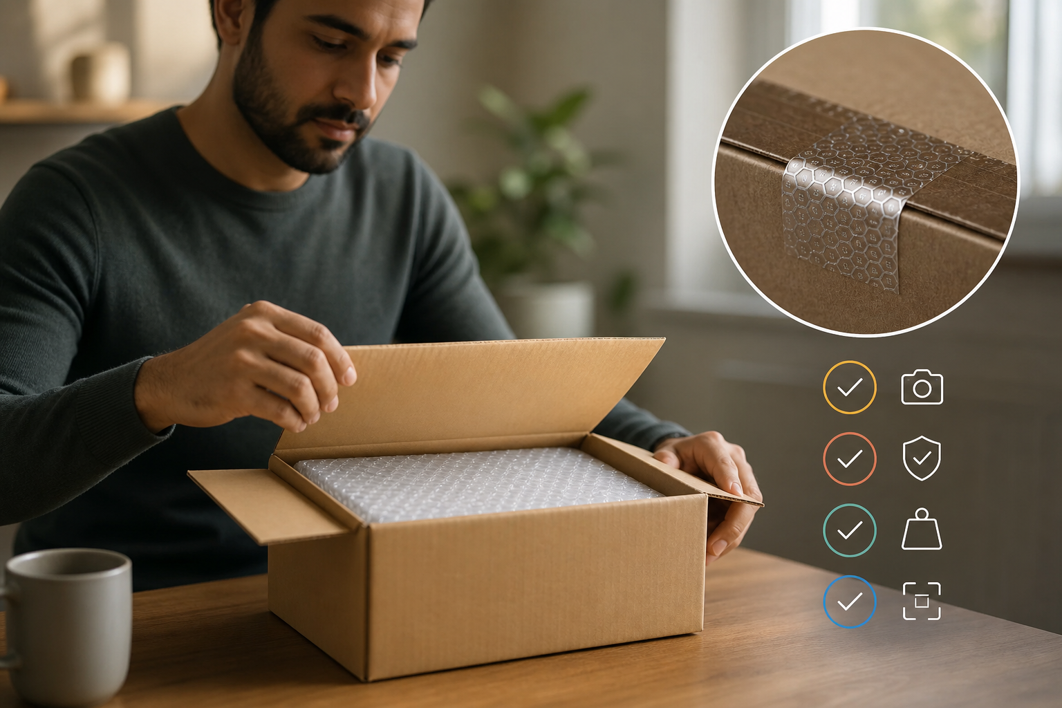 Doorstep unboxing with tamper-evident seal close-up and checklist overlay