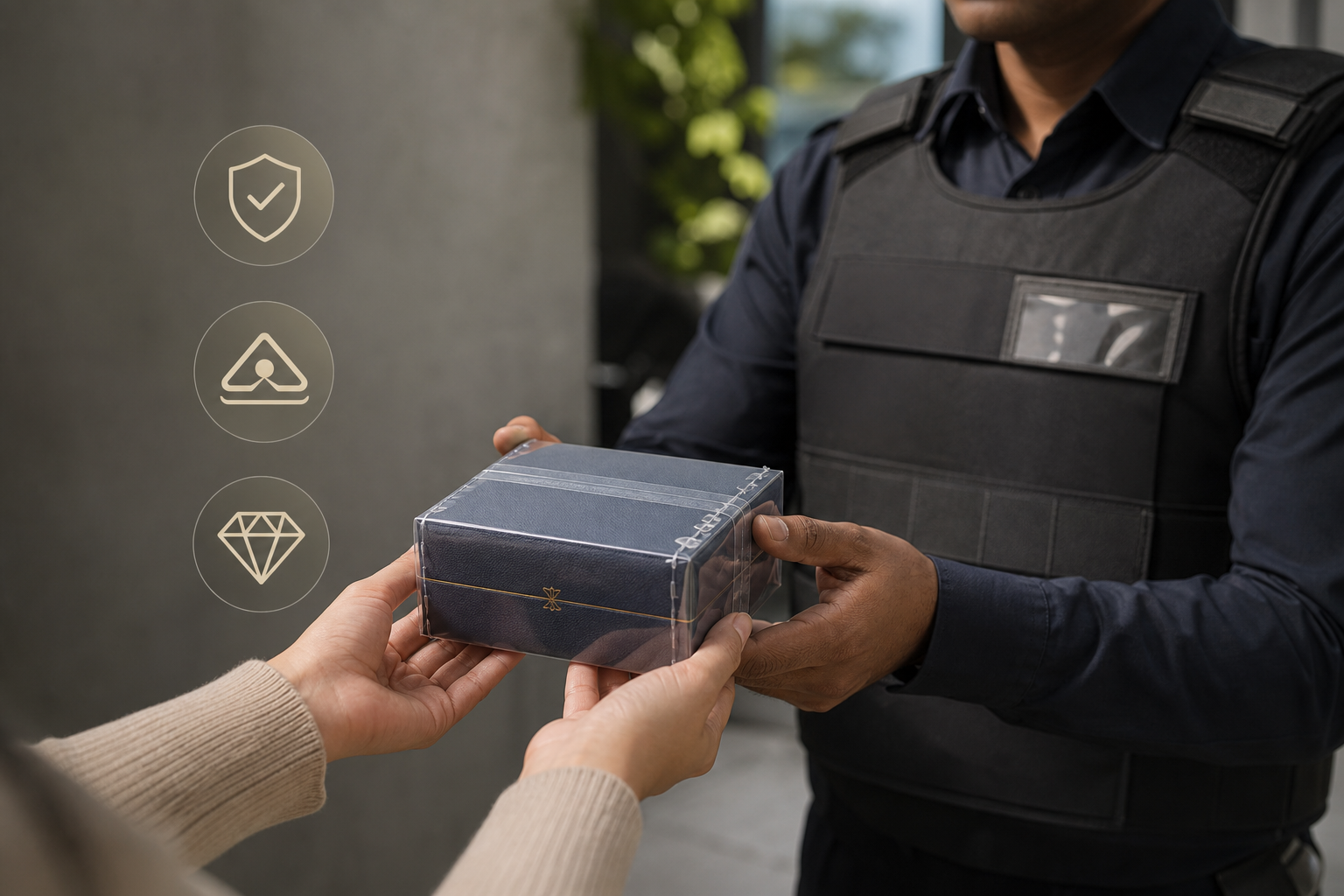 insured international jewelry shipping hero visual of secure jewelry packaging and Brinks-branded logistics handoff