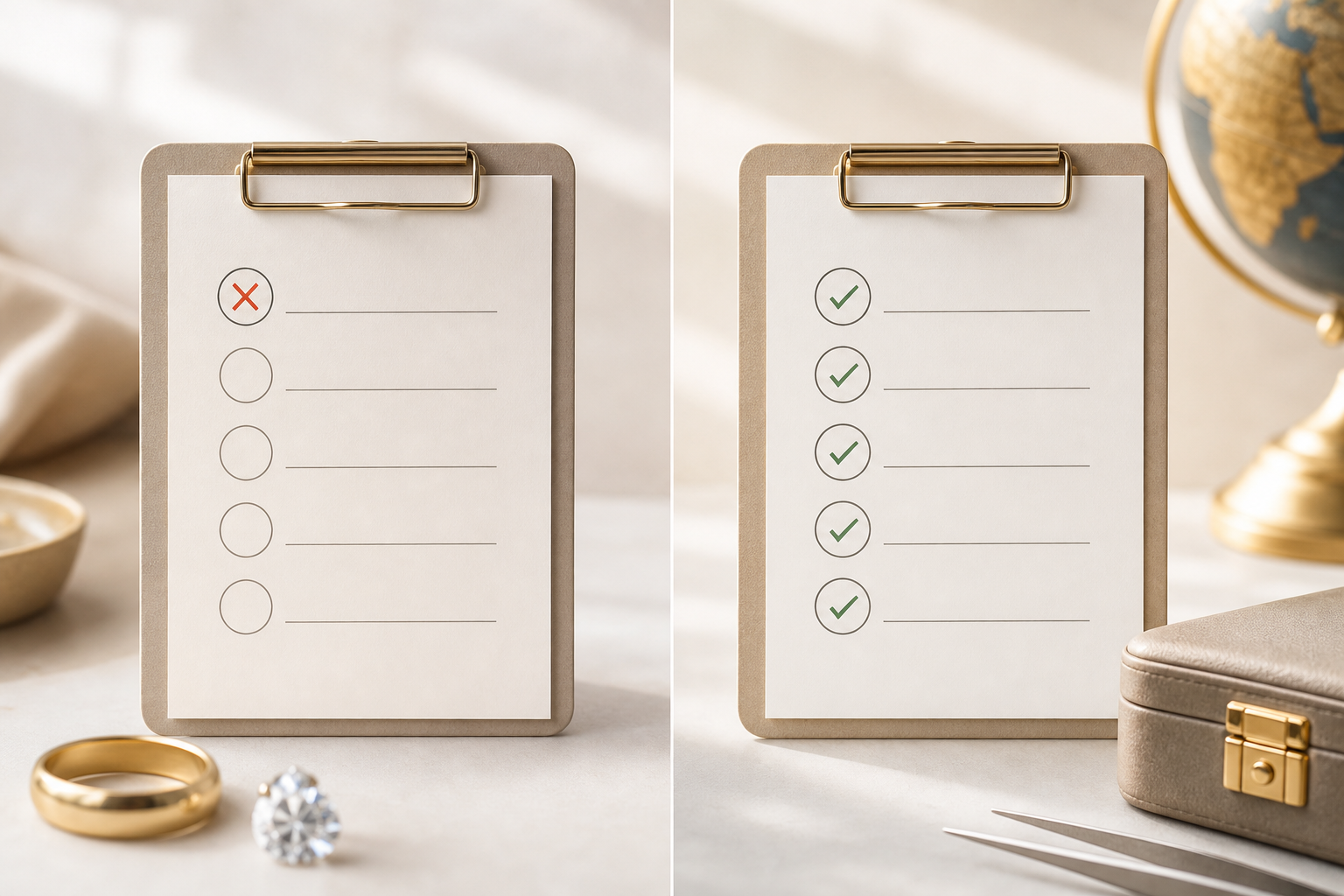 Simple side-by-side: “Rushed buy” vs “Documented buy” checklist with checkmarks and lock icon for insured shipping