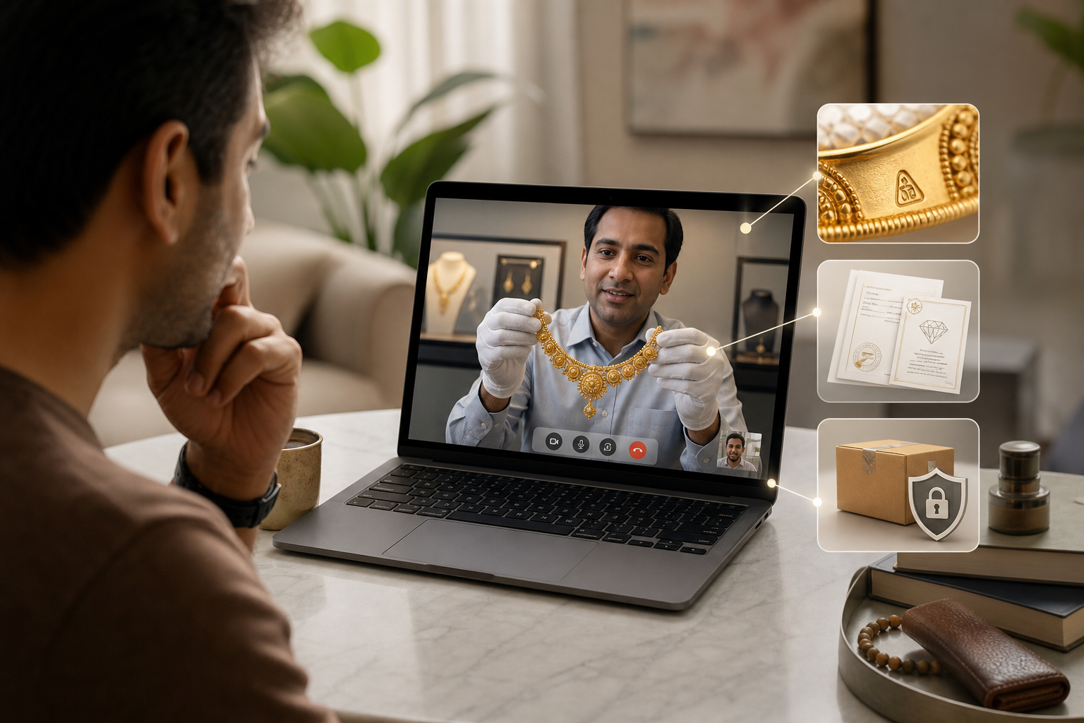 NRI choosing a 22K gold set on a video call; overlay icons for BIS hallmark, HUID, IGI/GIA, and a shield labeled “insured international jewelry shipping”