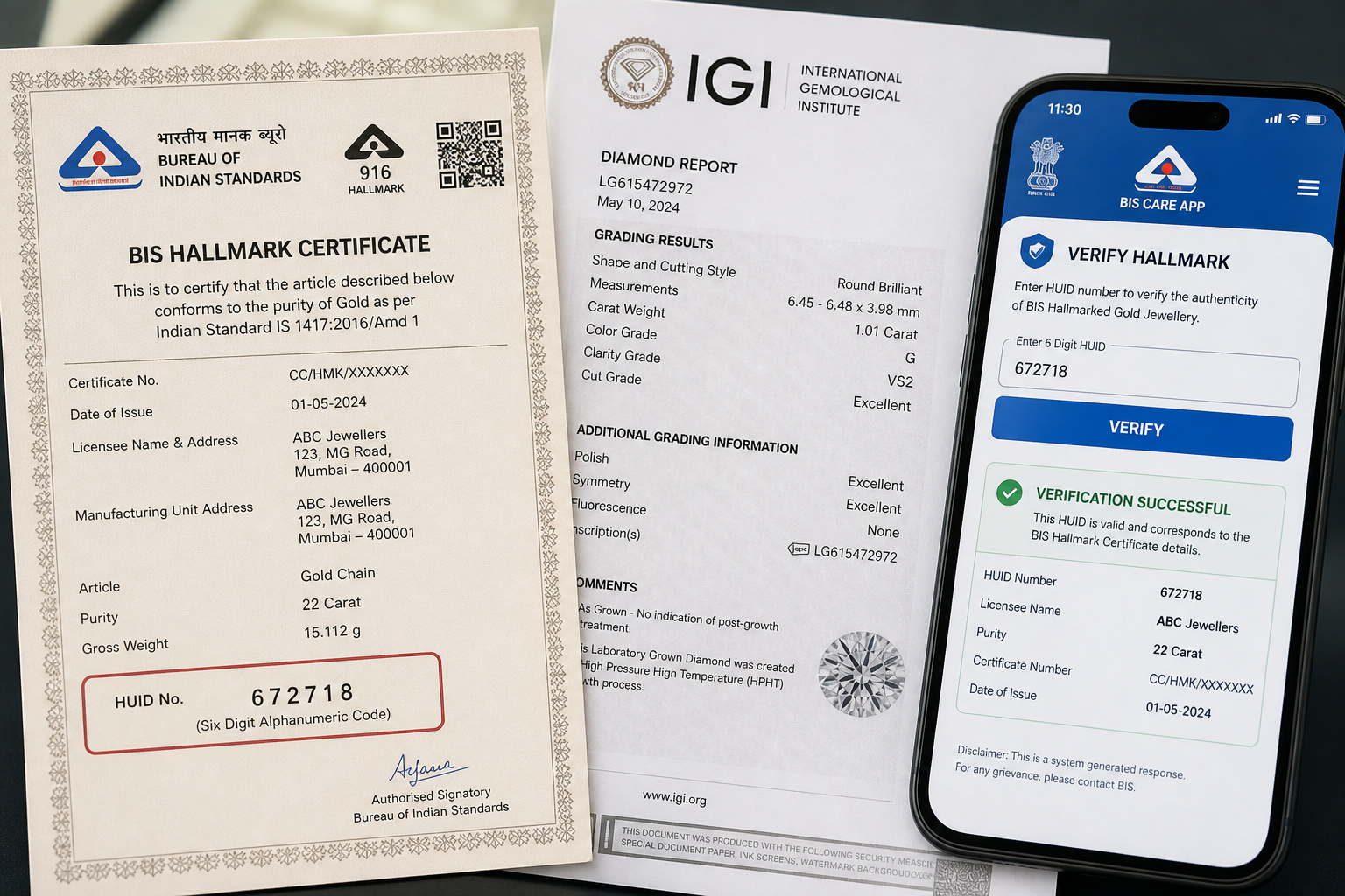 jewelry certification documents and hallmark verification interface