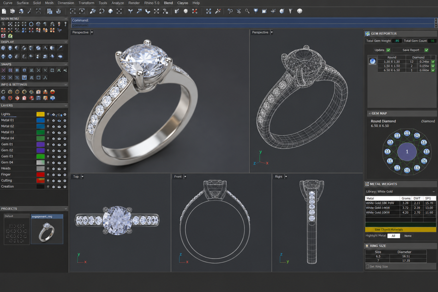 3D jewelry design software showing a rotating ring model with stone placement and prong details