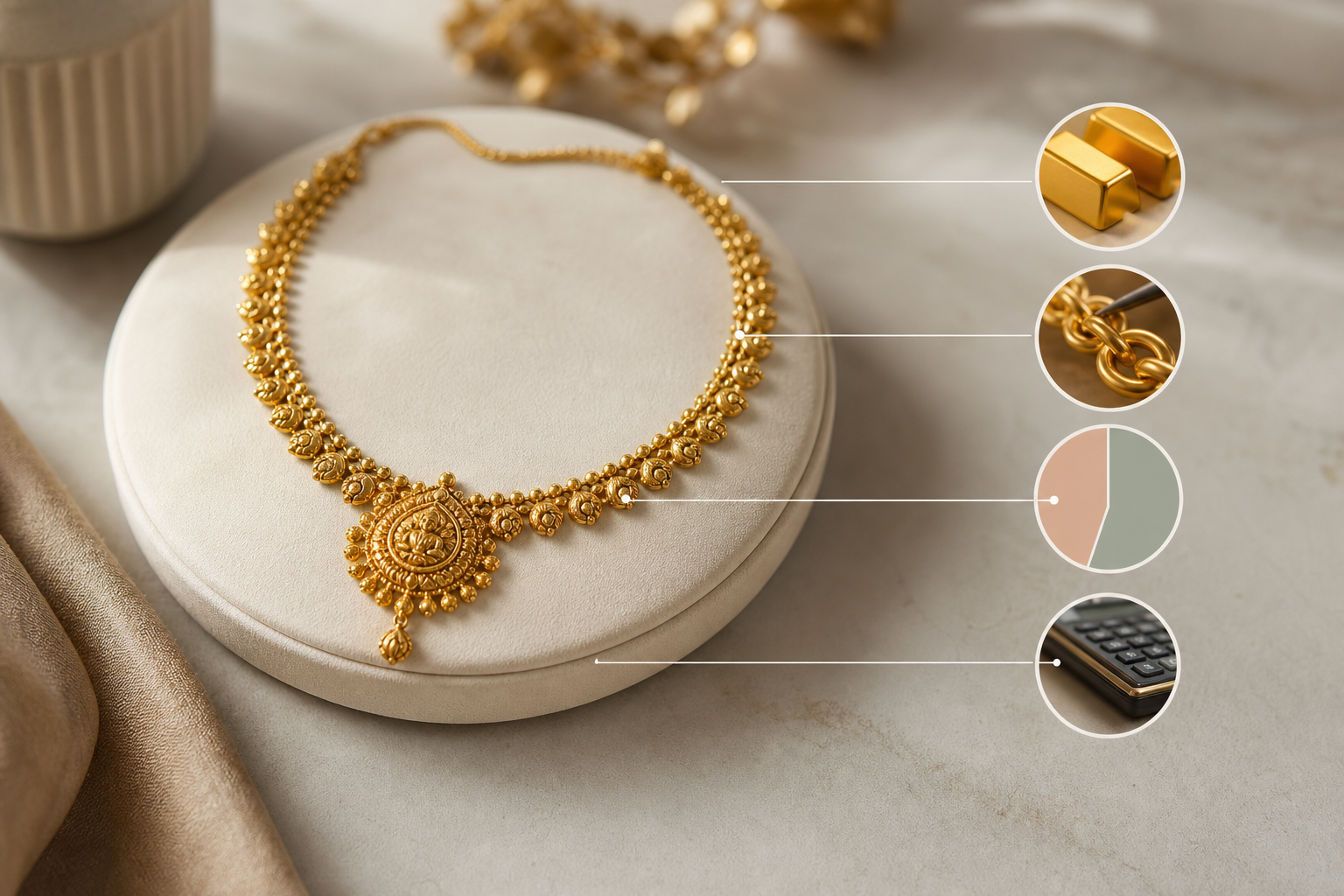 Cost breakdown infographic for a 22K, 15g necklace: live rate, making charges, GST, shipping, and duties