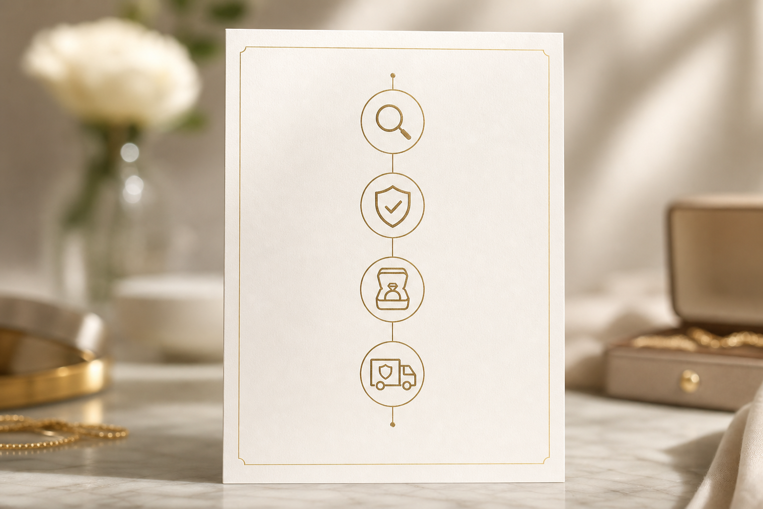 step-by-step visual checklist for international bridal jewelry order: shortlist, video consult, 3D mockup, price breakdown, insured Brinks delivery, inspect, return/exchange window