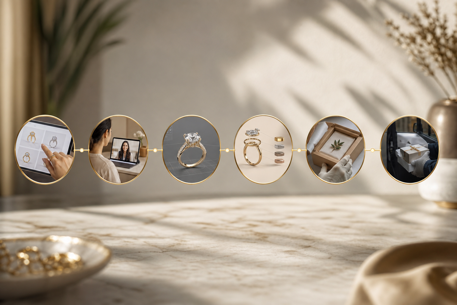 Step-by-step flow: browse, consult, 3D mockup, review pricing, insured delivery