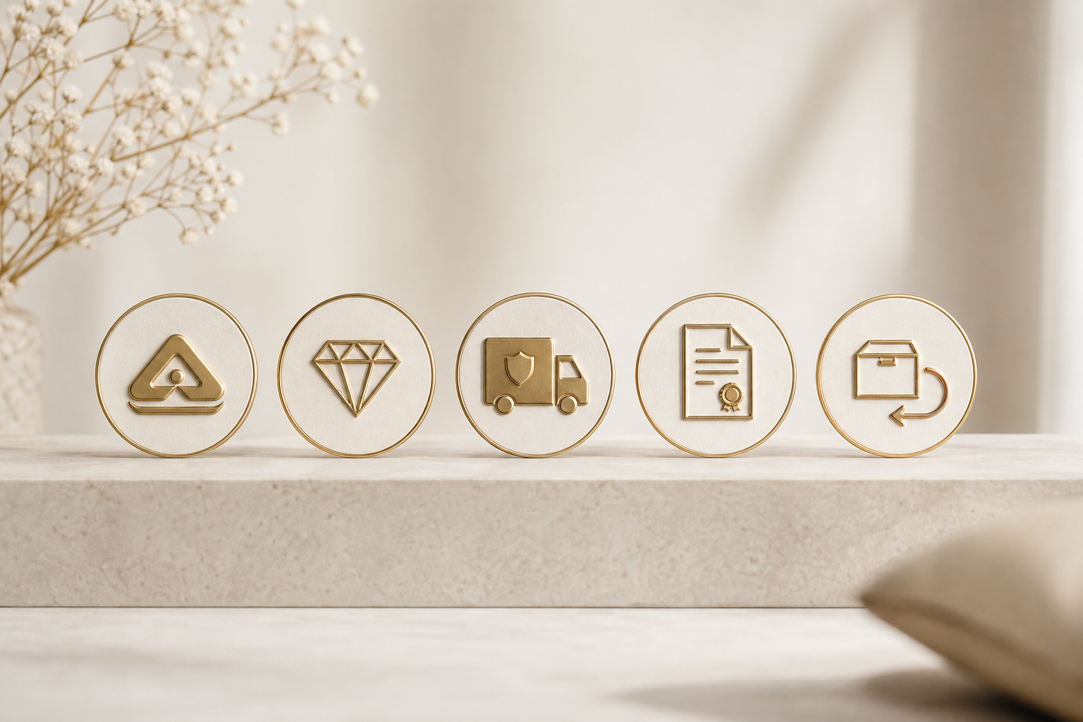 bridal jewelry international shipping overview icons for verification, certificates, insured courier, customs, and return