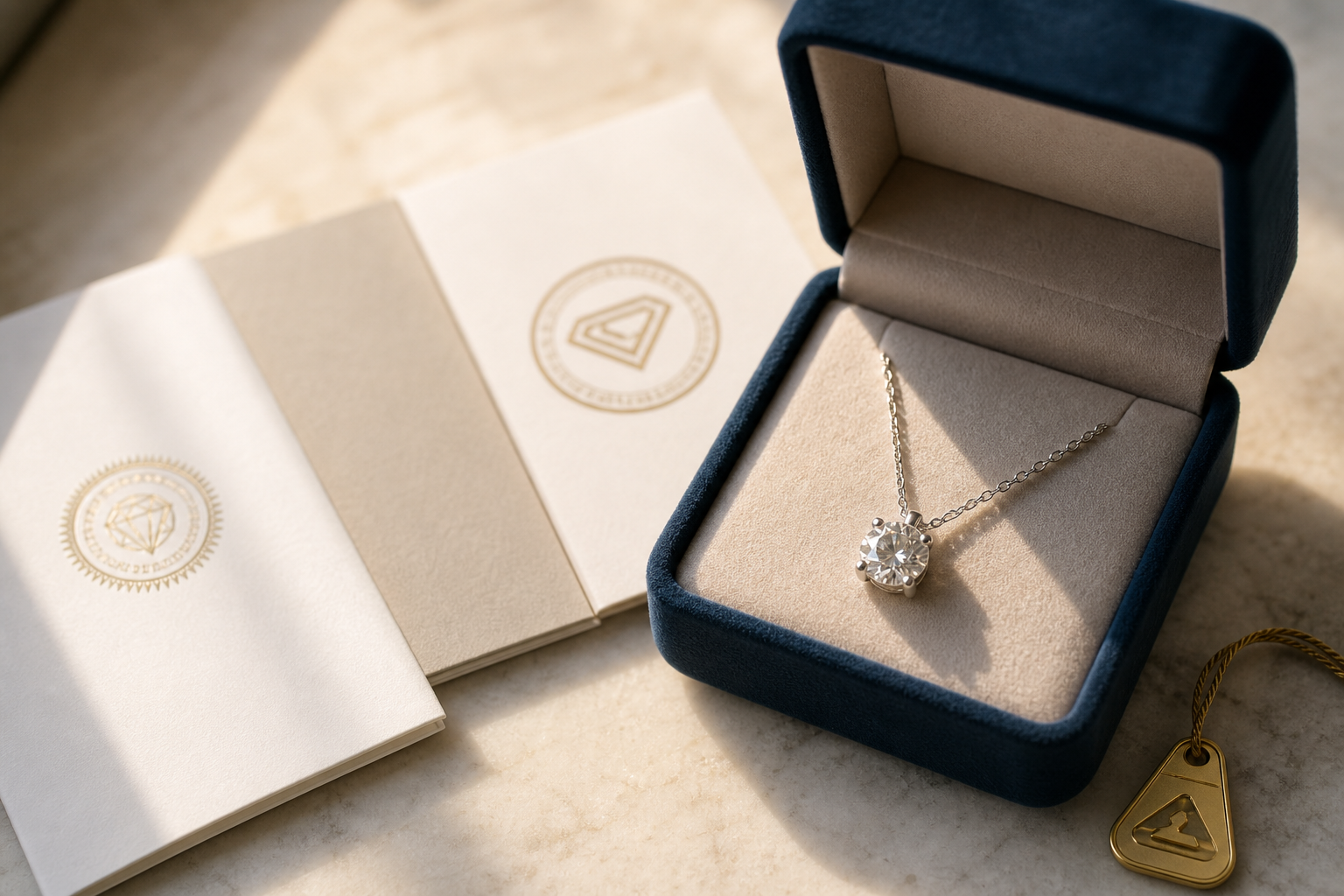 gift-ready packaging with GIA and IGI reports beside a BIS hallmarked 18K pendant