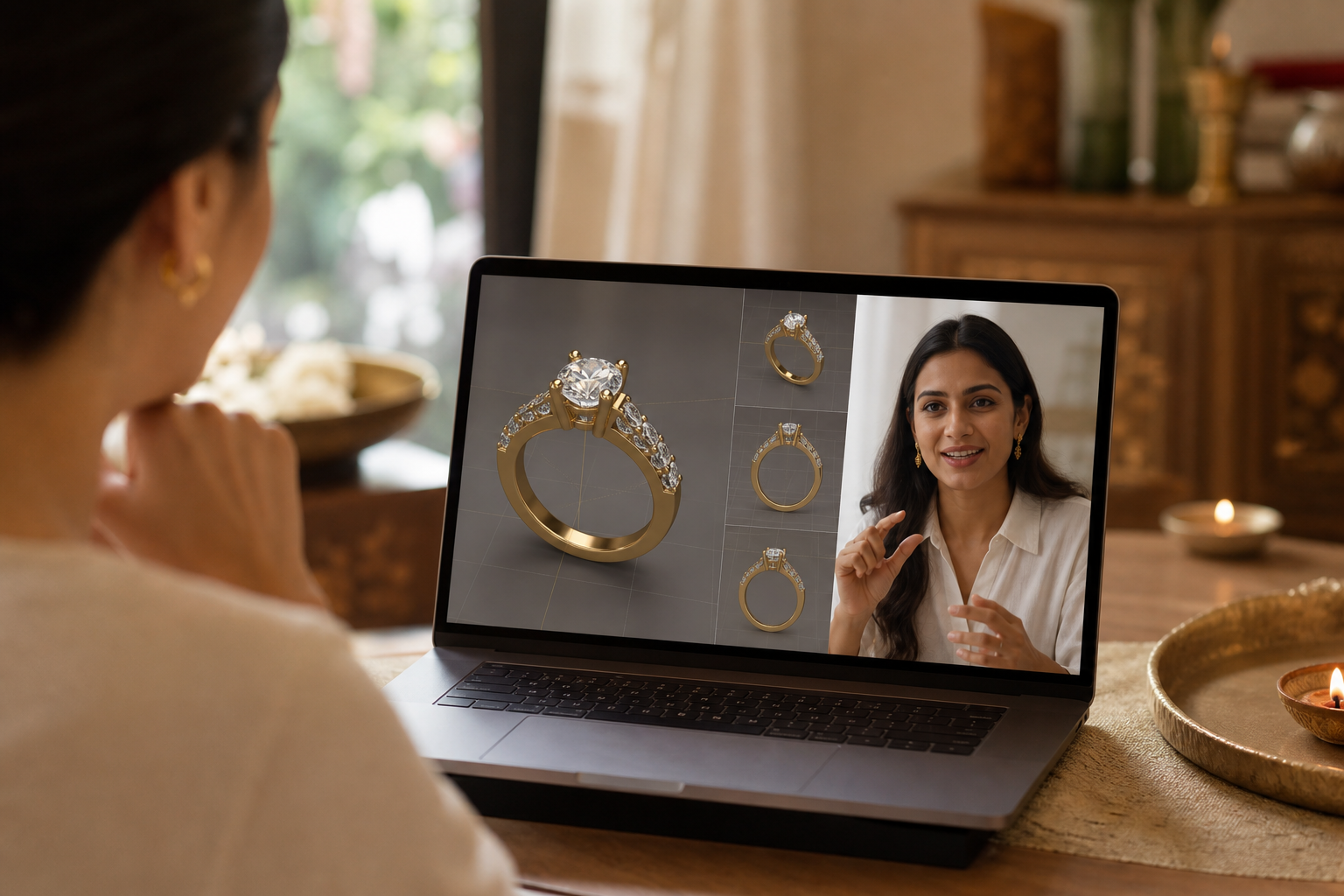 custom jewelry design with 3d rendering preview on a laptop and phone