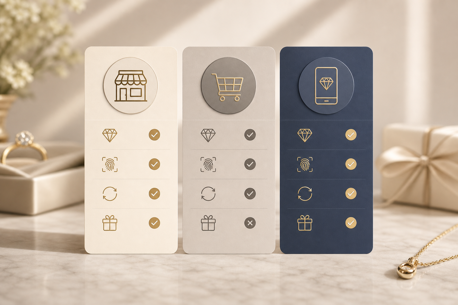 channel comparison for BIS hallmark, HUID, returns, and packaging, simple matrix with icons for each buying channel