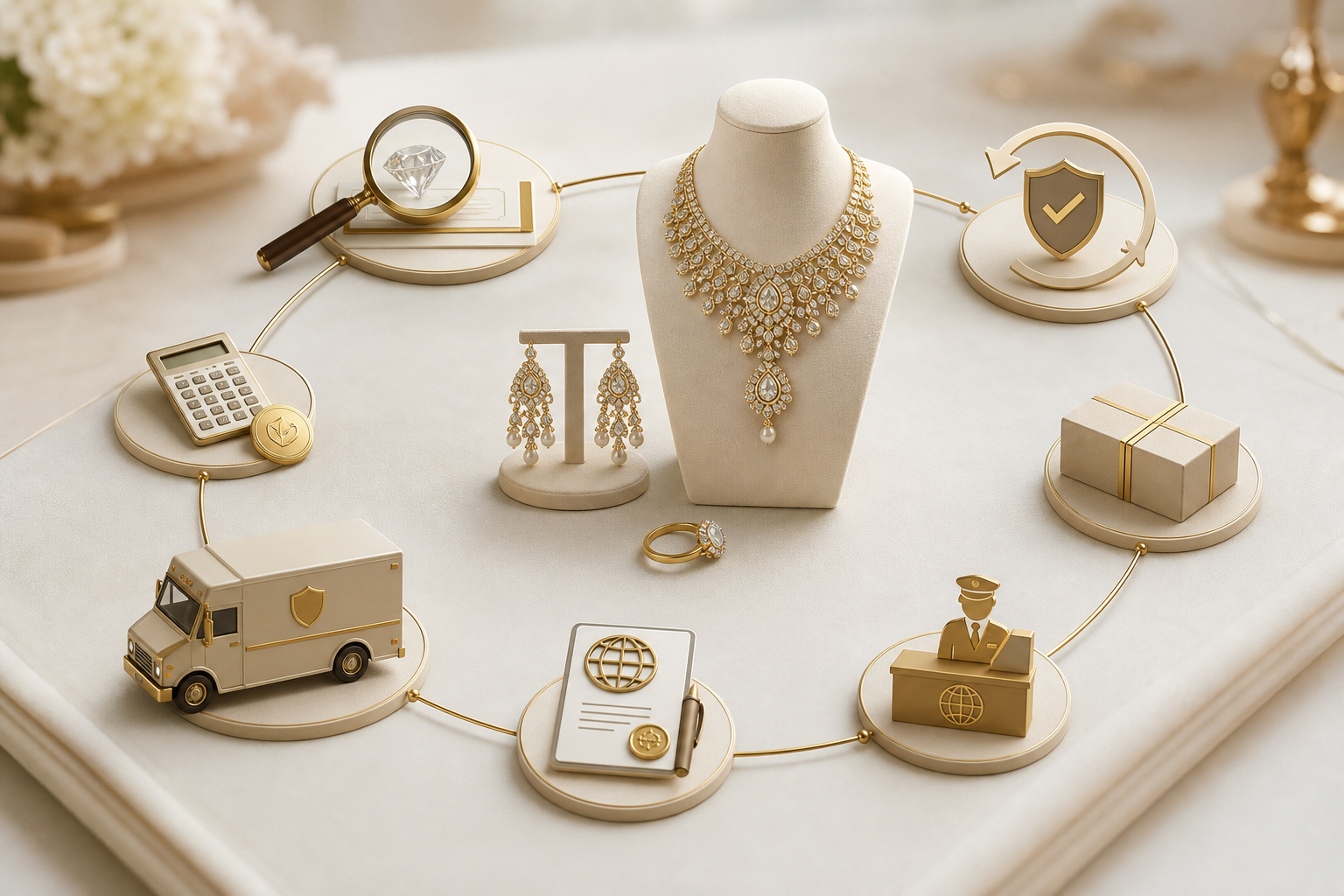insured international jewelry shipping step-by-step flow, from BIS HUID verification and IGI/GIA diamond certificates to Brinks pickup, customs clearance, and insured delivery to a bride abroad