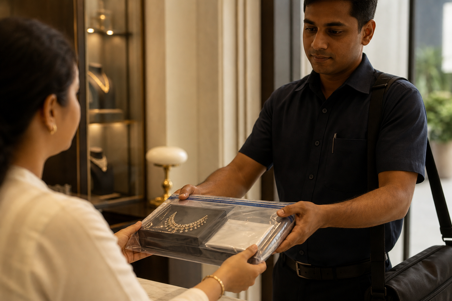 Secure Brinks-insured handover for bridal jewelry export from India, tamper-evident packaging, documents pouch, and scan at origin hub
