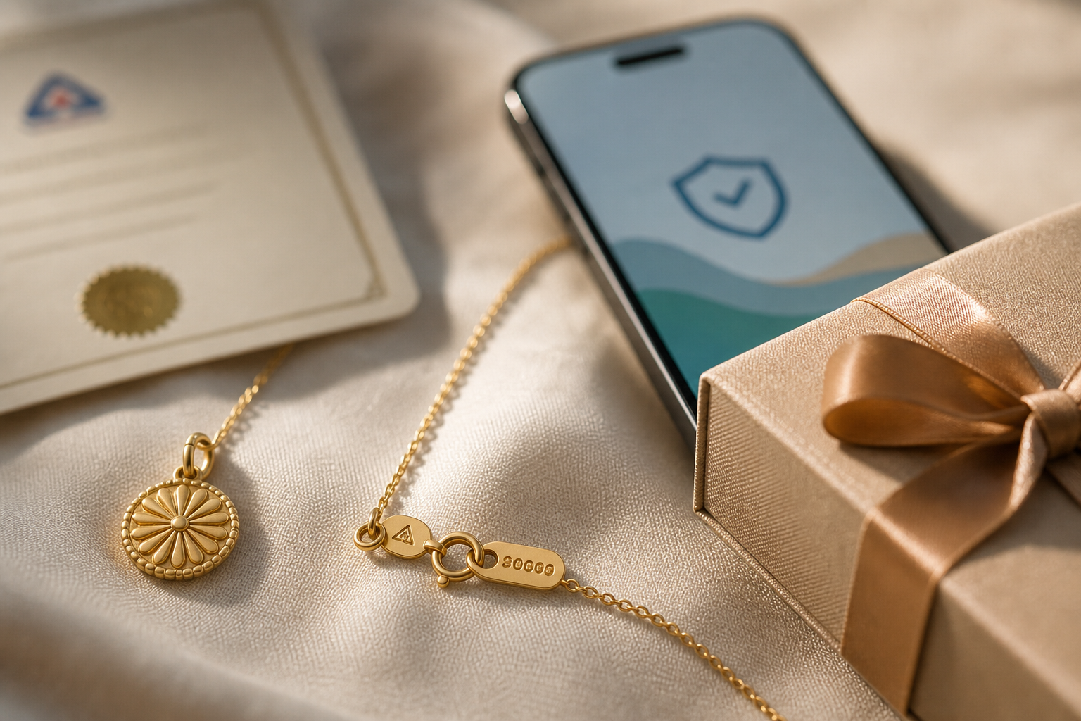 bis hallmarked gold with purity guarantee gift unboxing, close-up of BIS hallmark stamp, 6-digit HUID tag, printed certificate, and FSC-certified gift box with ribbon, warm studio lighting