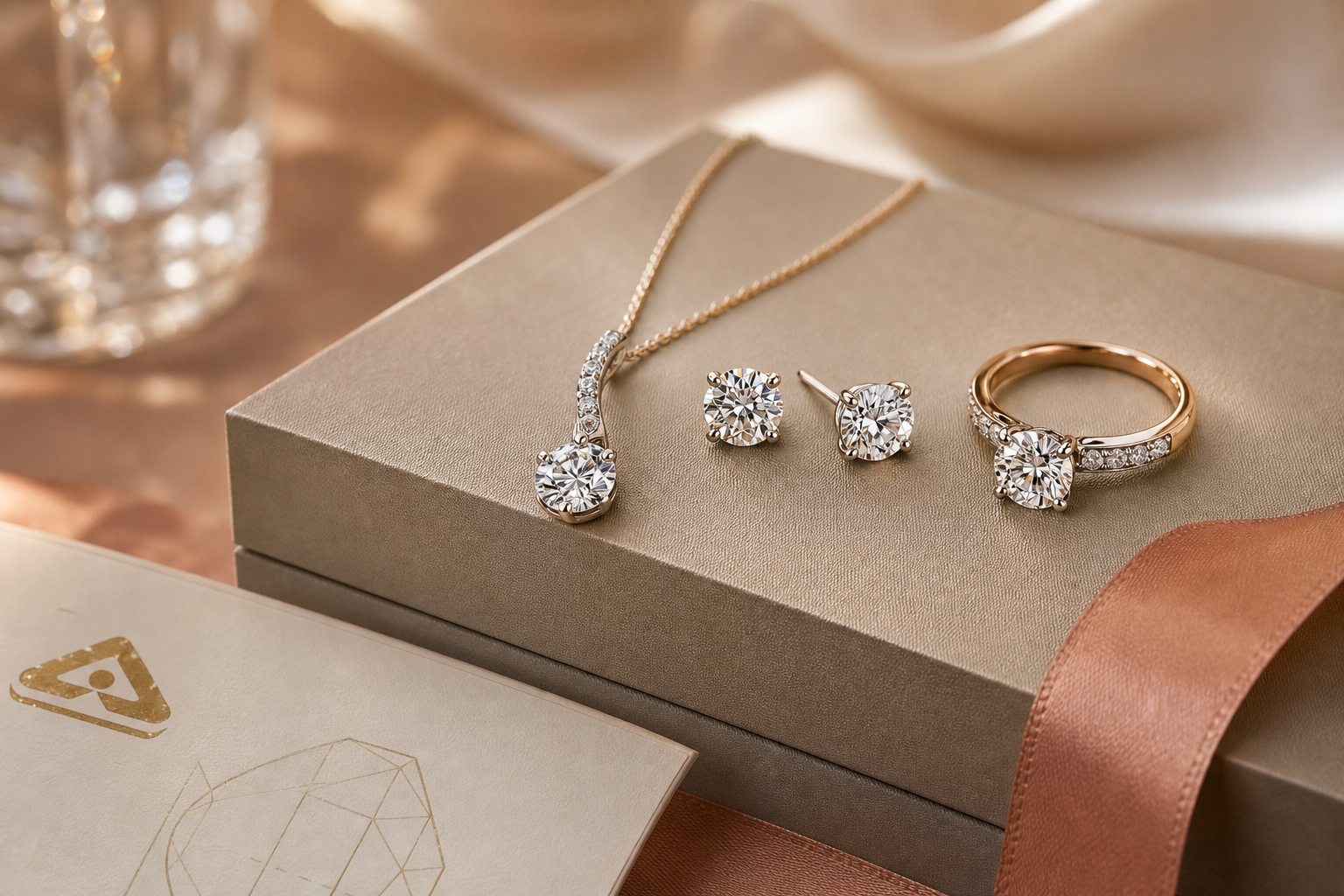 best GIA/IGI-graded diamond jewelry gifts, pendant, ring, earrings on a gift box, soft light, close-up of BIS hallmark and GIA/IGI certificate