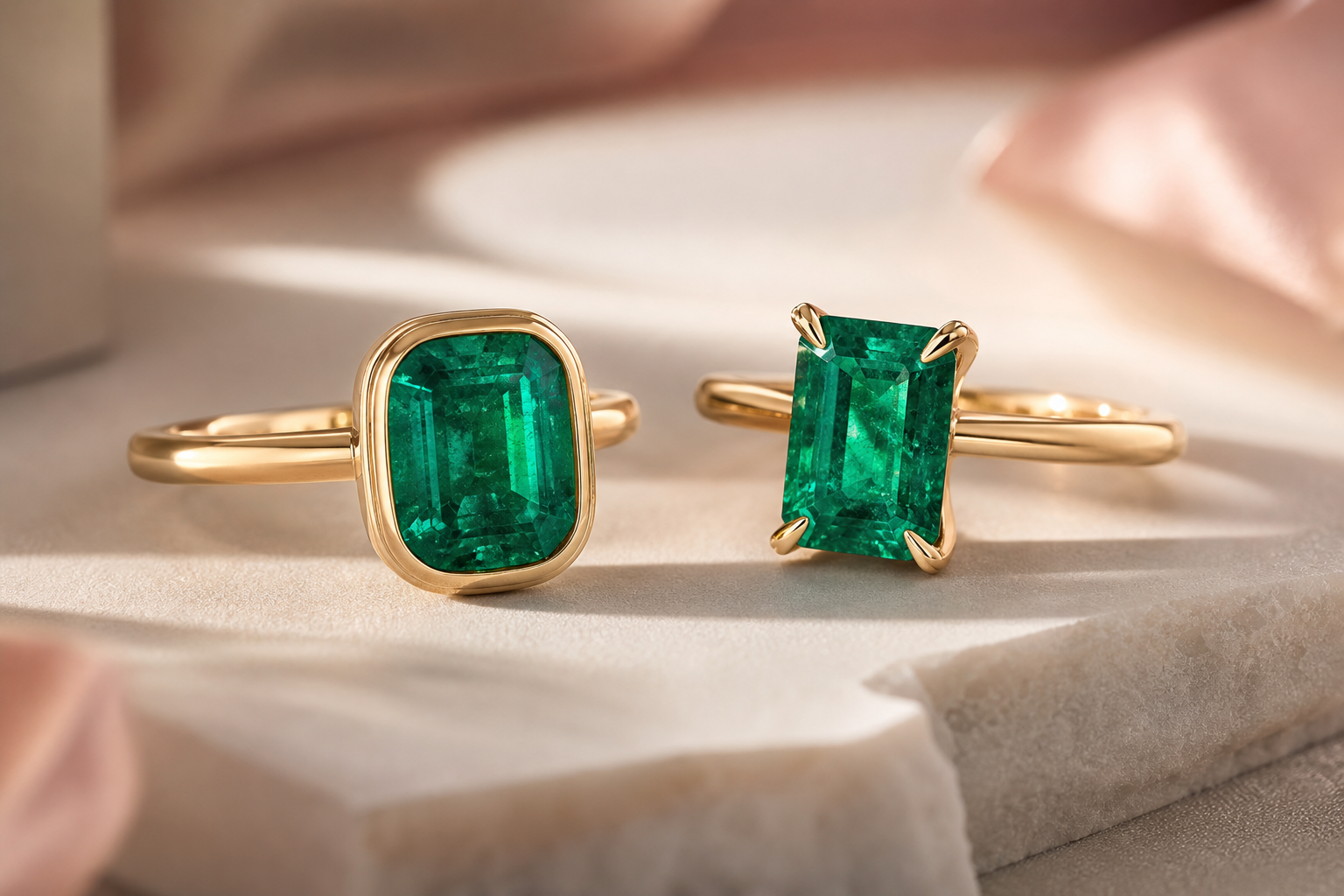 side-by-side bezel vs prong emerald ring comparison for daily wear