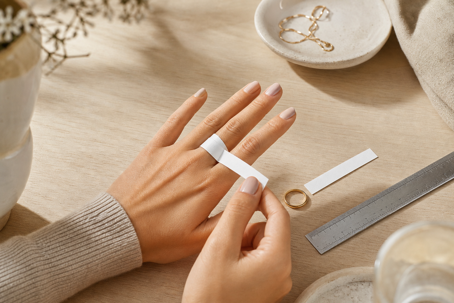 measure ring size home step-by-step illustration with ruler, paper strip, and ring on a flat table
